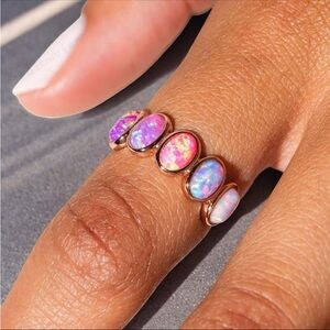 🆕 (NEW IN BOX) Fire Opal Band. Size 7.25/ 7¼. **925 Sterling Silver, NOT gold**